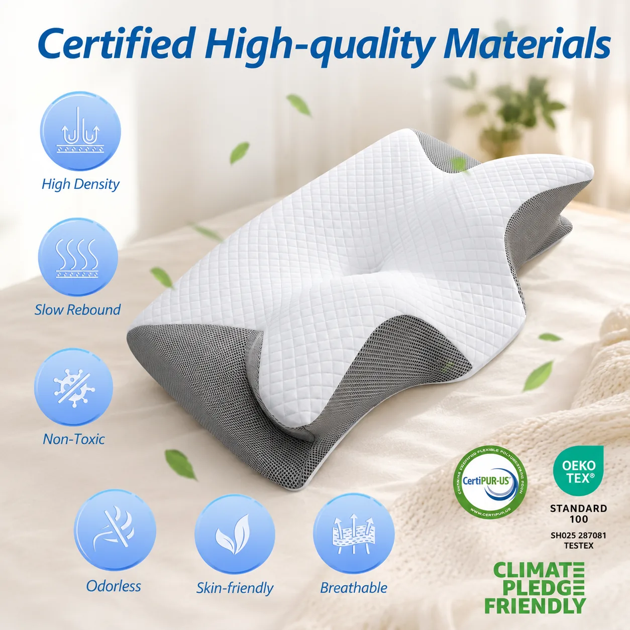 Materiales certificados del cojín cervical: alta densidad, no tóxico, transpirable, CertiPUR-US y OEKO-TEX Standard 100