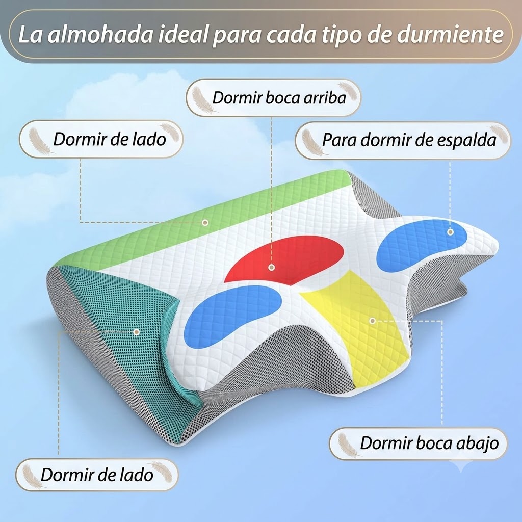 Zonas del cojín cervical señaladas para dormir de lado, boca arriba, de espalda y boca abajo