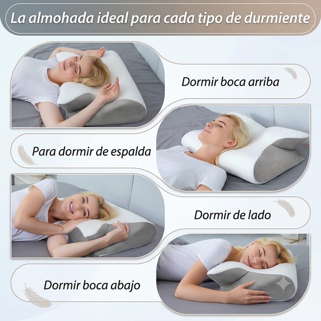 Persona durmiendo de lado, boca arriba, de espalda y boca abajo sobre el cojín cervical