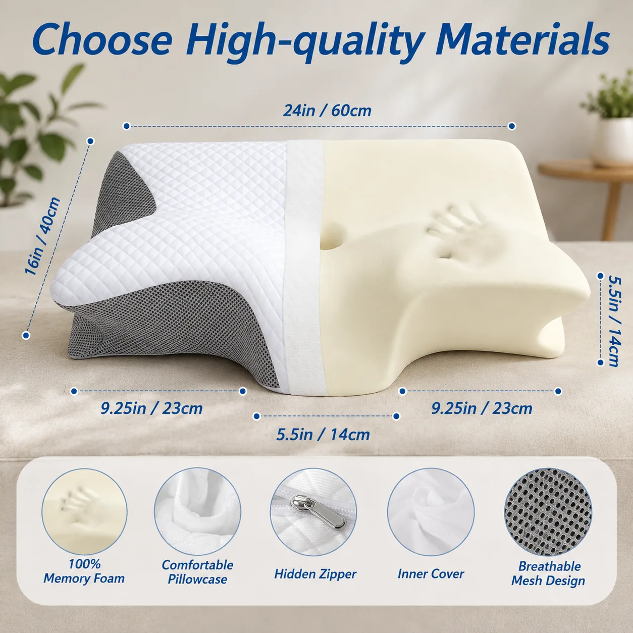 Medidas del cojín cervical: 60 x 40 cm, alturas de 14 y 9 cm, memory foam con funda transpirable